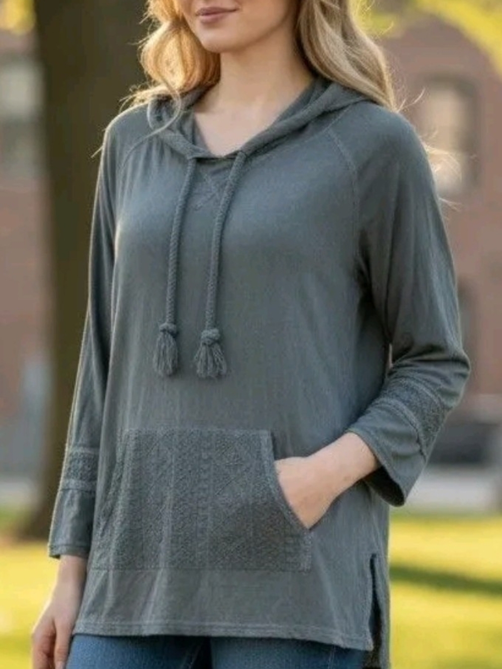 POL Lightweight Hooded Pullover Top in Washed Grey